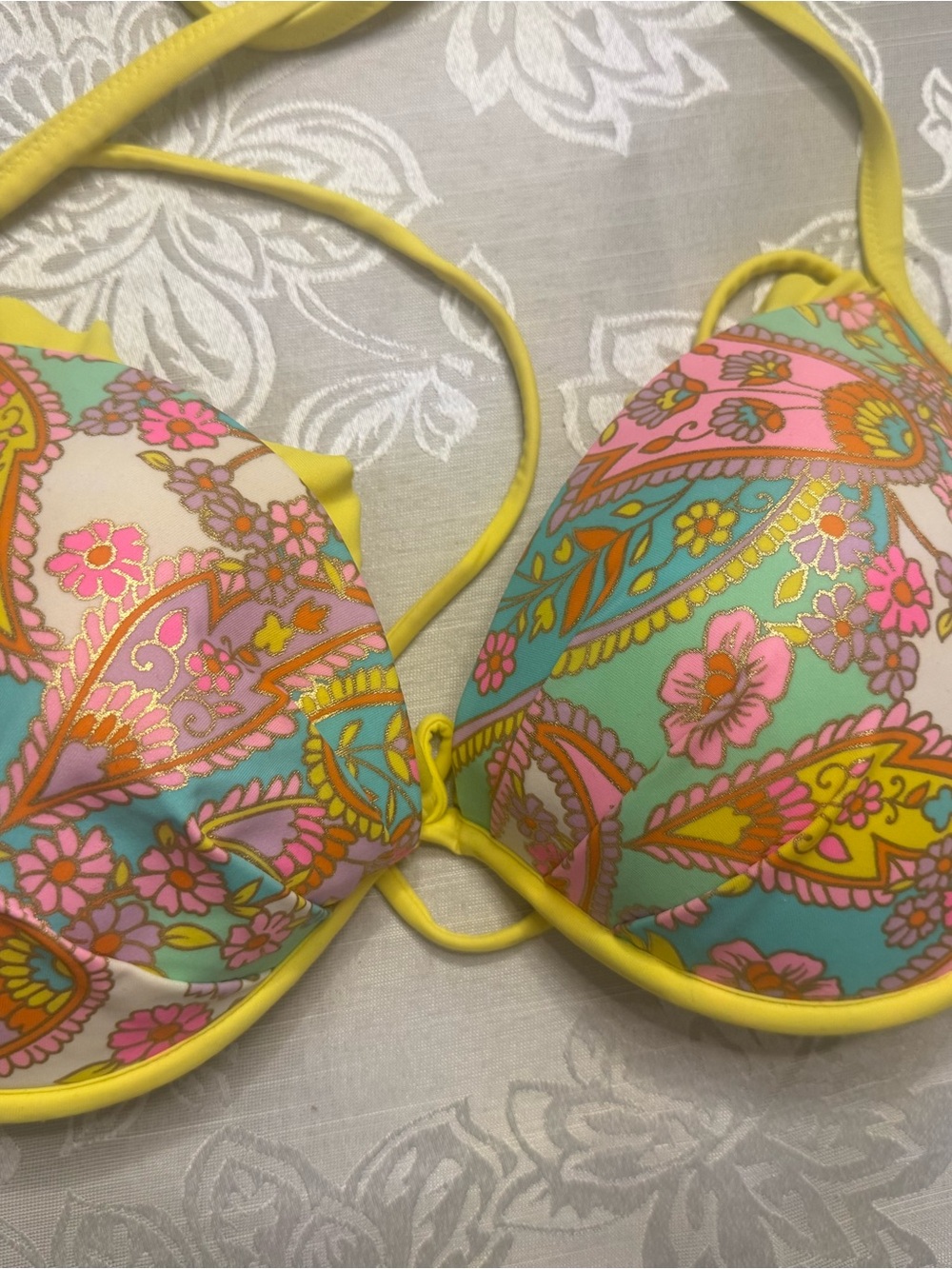 Victoria's Secret Yellow Trim Floral Paisley Bikini Top